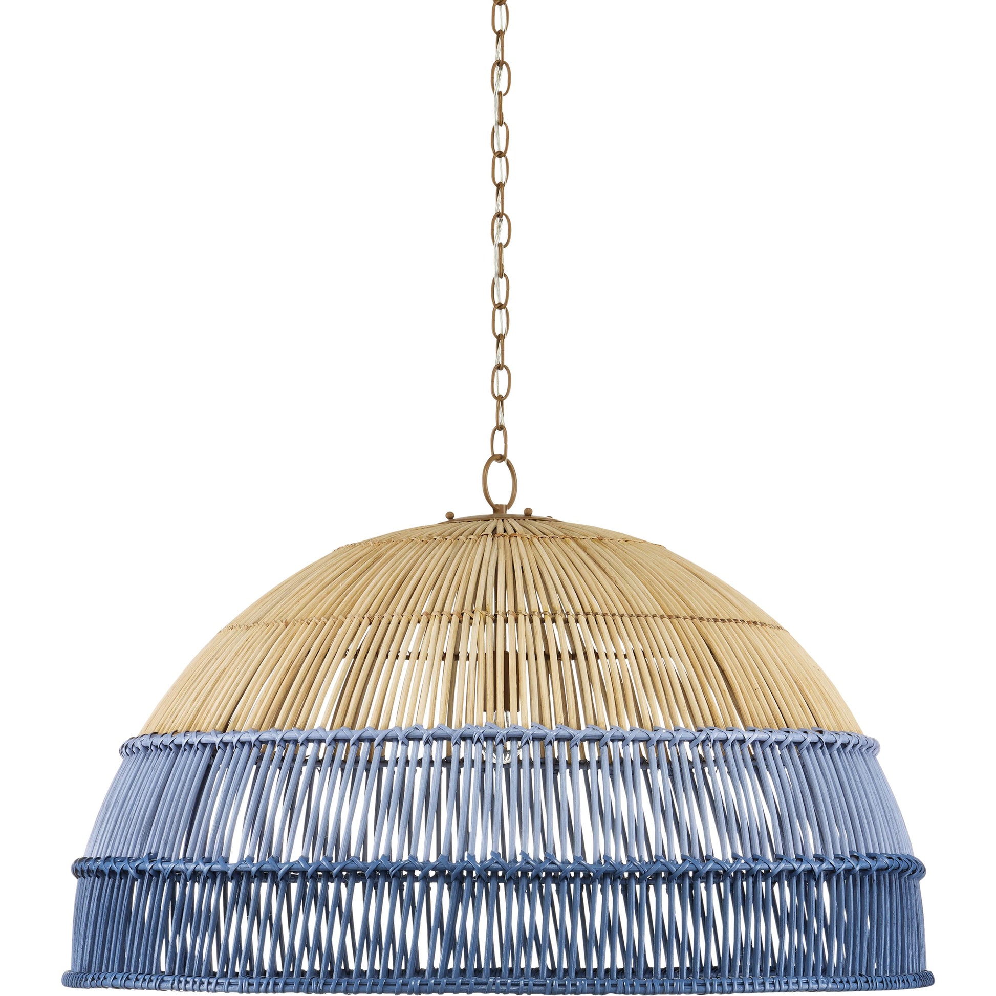 Senjyo Pendant by Currey and Company in khaki, cornflower blue, bluebonnet. Made from wrought iron, rattan in a coastal style.