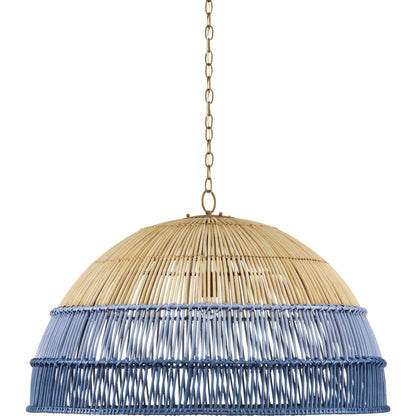 Senjyo Pendant by Currey and Company in khaki, cornflower blue, bluebonnet. Made from wrought iron, rattan in a coastal style.