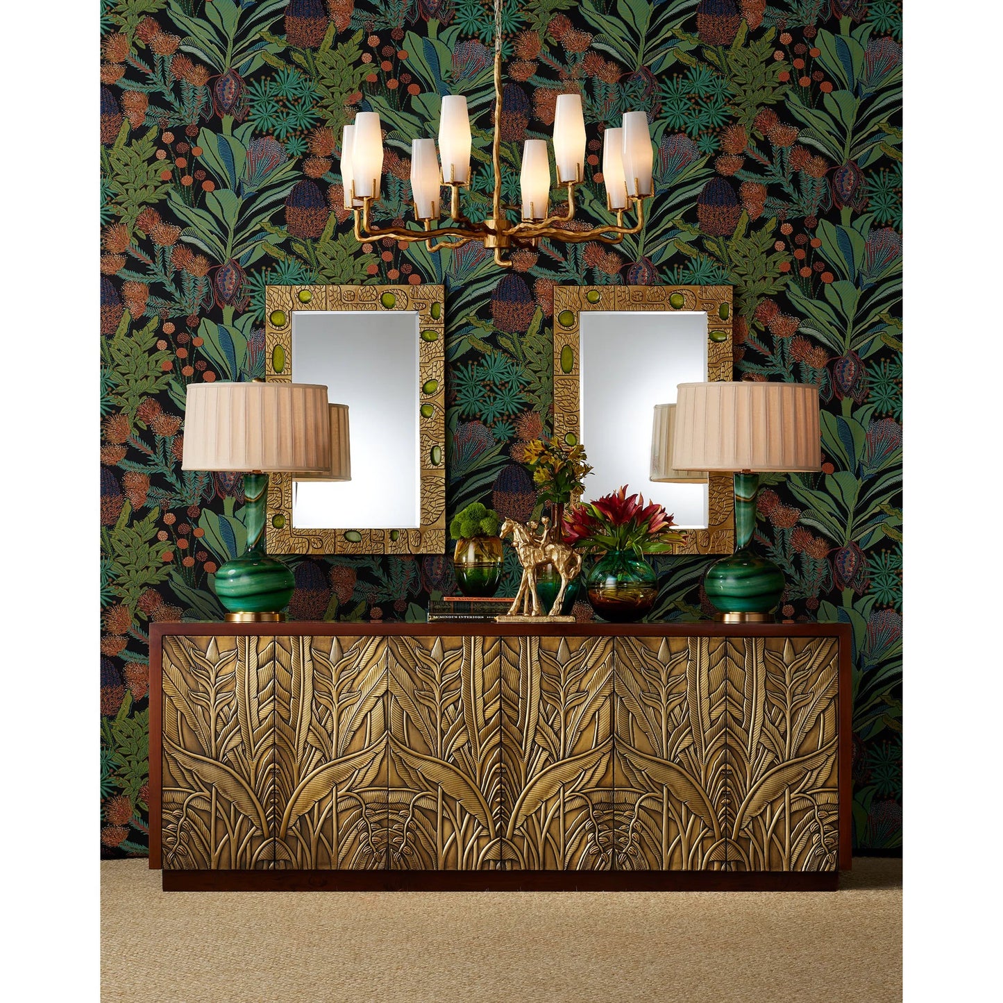 005 SI-2257173 | Lifestyle | Beau Monde Mirror by Currey and Company in gold, green. Made from cast aluminum, enamel, glass in a modern style.