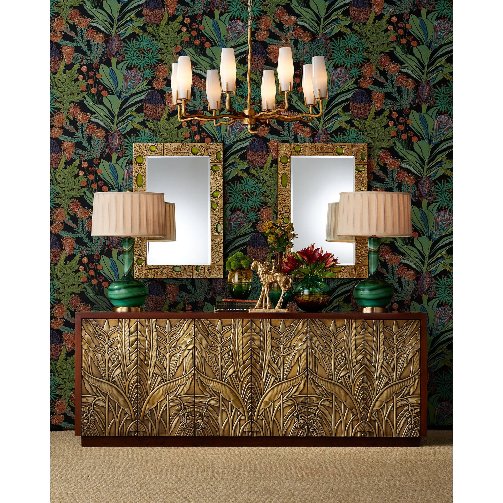 Beau Monde Mirror by Currey and Company in gold, green. Made from cast aluminum, enamel, glass in a modern style.