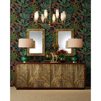 Beau Monde Mirror by Currey and Company in gold, green. Made from cast aluminum, enamel, glass in a modern style.