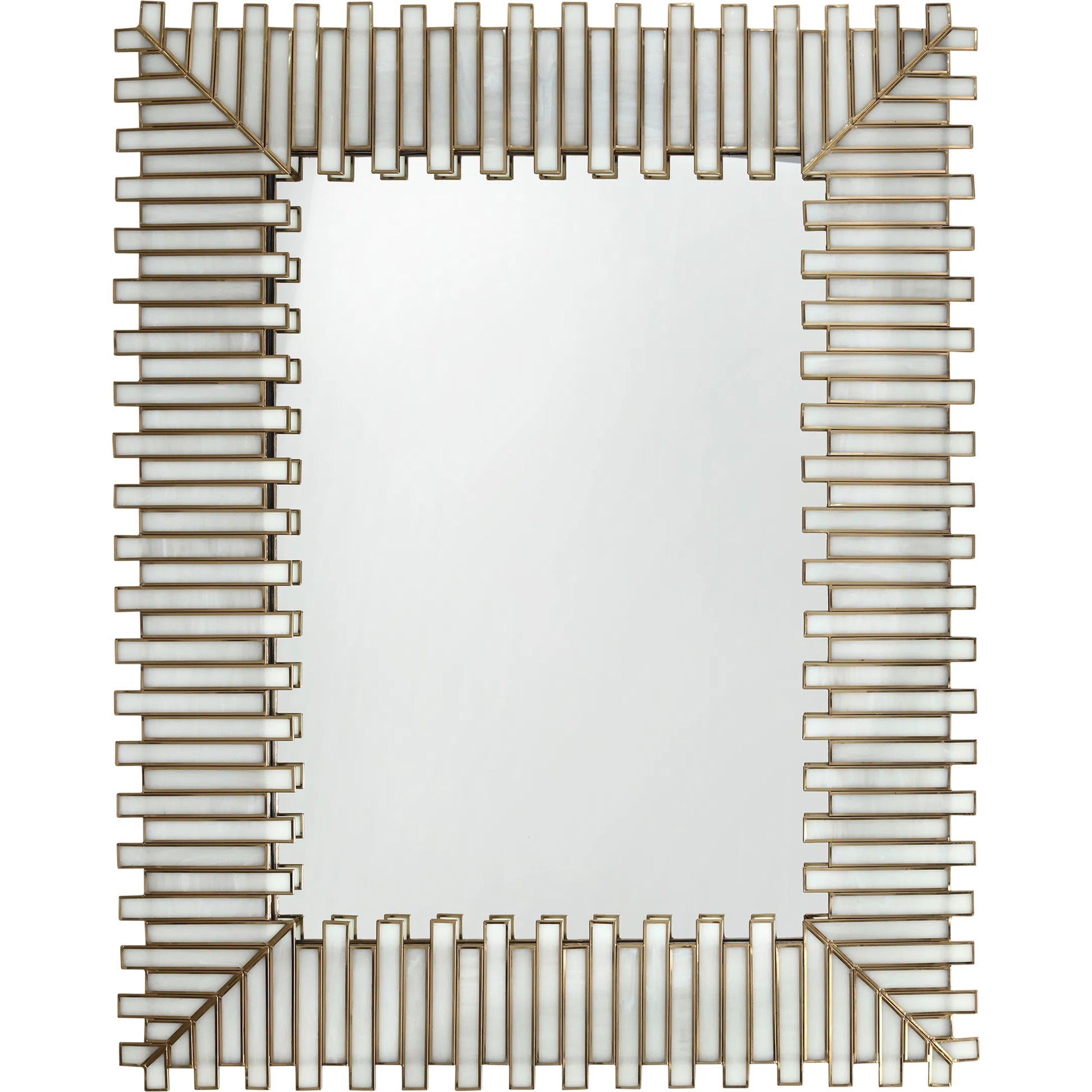 Daze Mirror by Currey and Company in white and white, antique brass. Made from glass, brass, iron, engineered wood in a modern style.