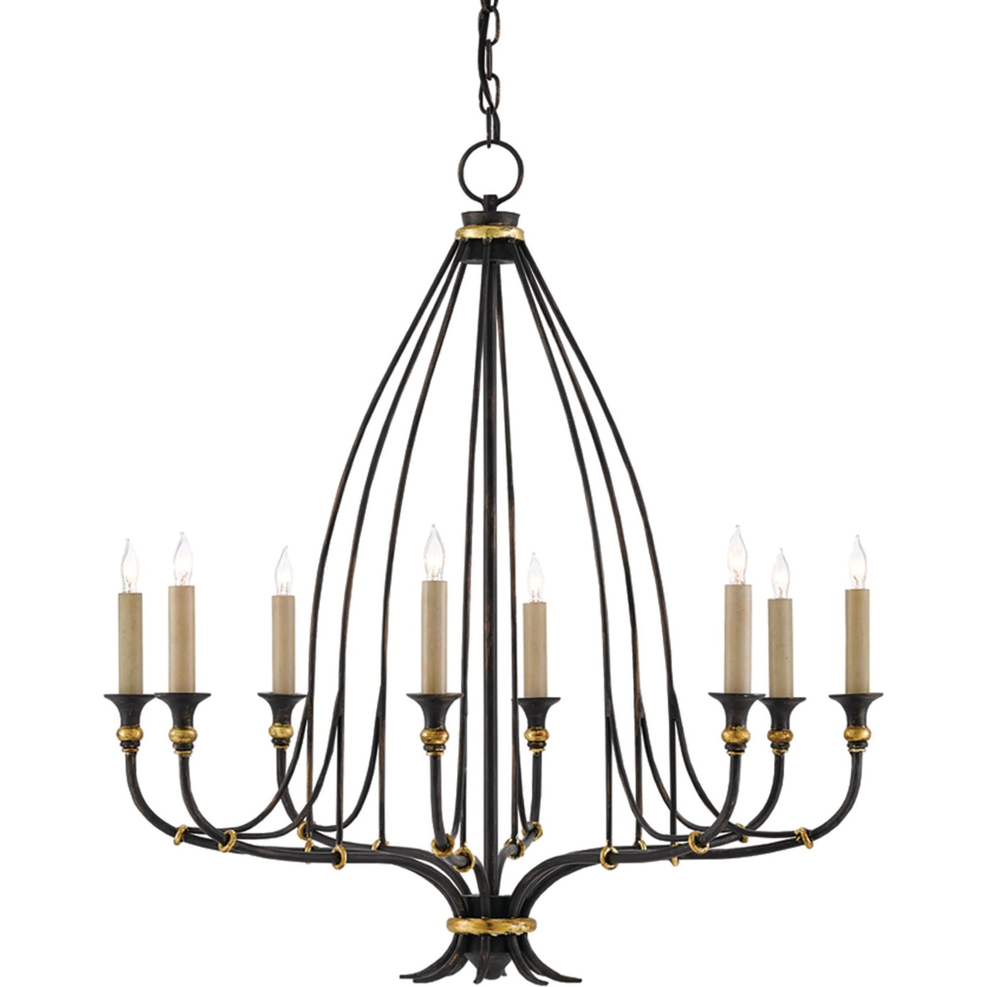 Folgate Chandelier by Currey and Company in french black, gold leaf accents. Made from wrought iron in a traditional style.