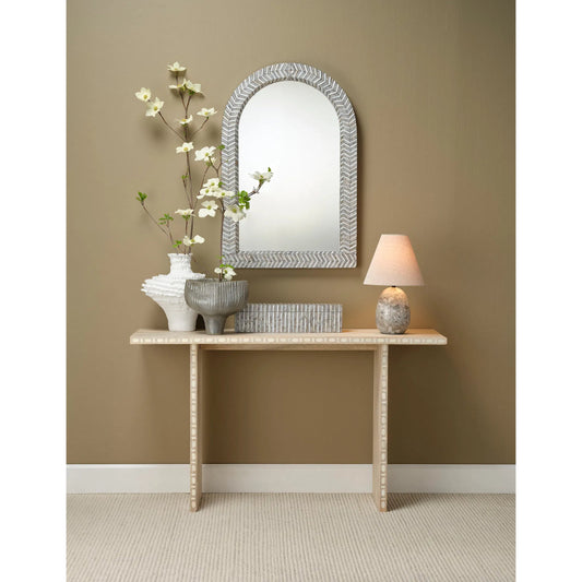 Beverly Arch Mirror by Jamie Young in grey and mixed grey, white mother of pealr. Made from mother of pearl, acrylic, glass mirror, mdf in a eclectic & global style.