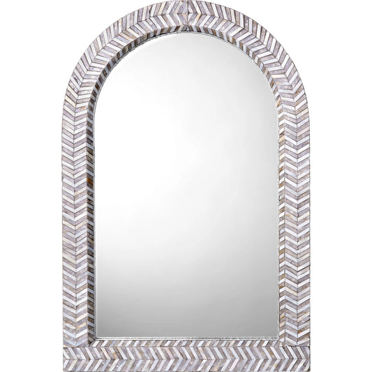 Beverly Arch Mirror by Jamie Young in grey and mixed grey, white mother of pealr. Made from mother of pearl, acrylic, glass mirror, mdf in a eclectic & global style.