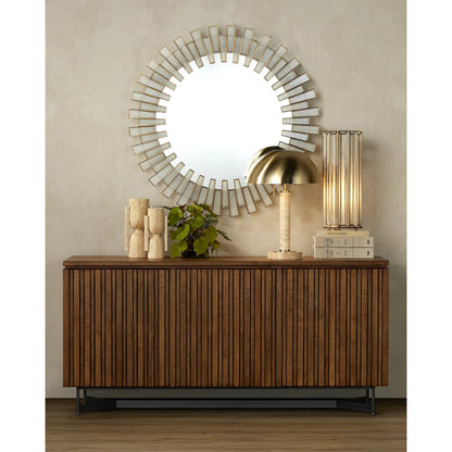 Glasdele Mirror by Currey and Company in antique brass, white, mirror. Made from iron, glass in a modern style.