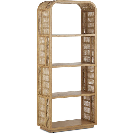Anisa Sea Sand Etagere by Currey and Company. Made from oak, rattan cane in a cottage & farmhouse style.