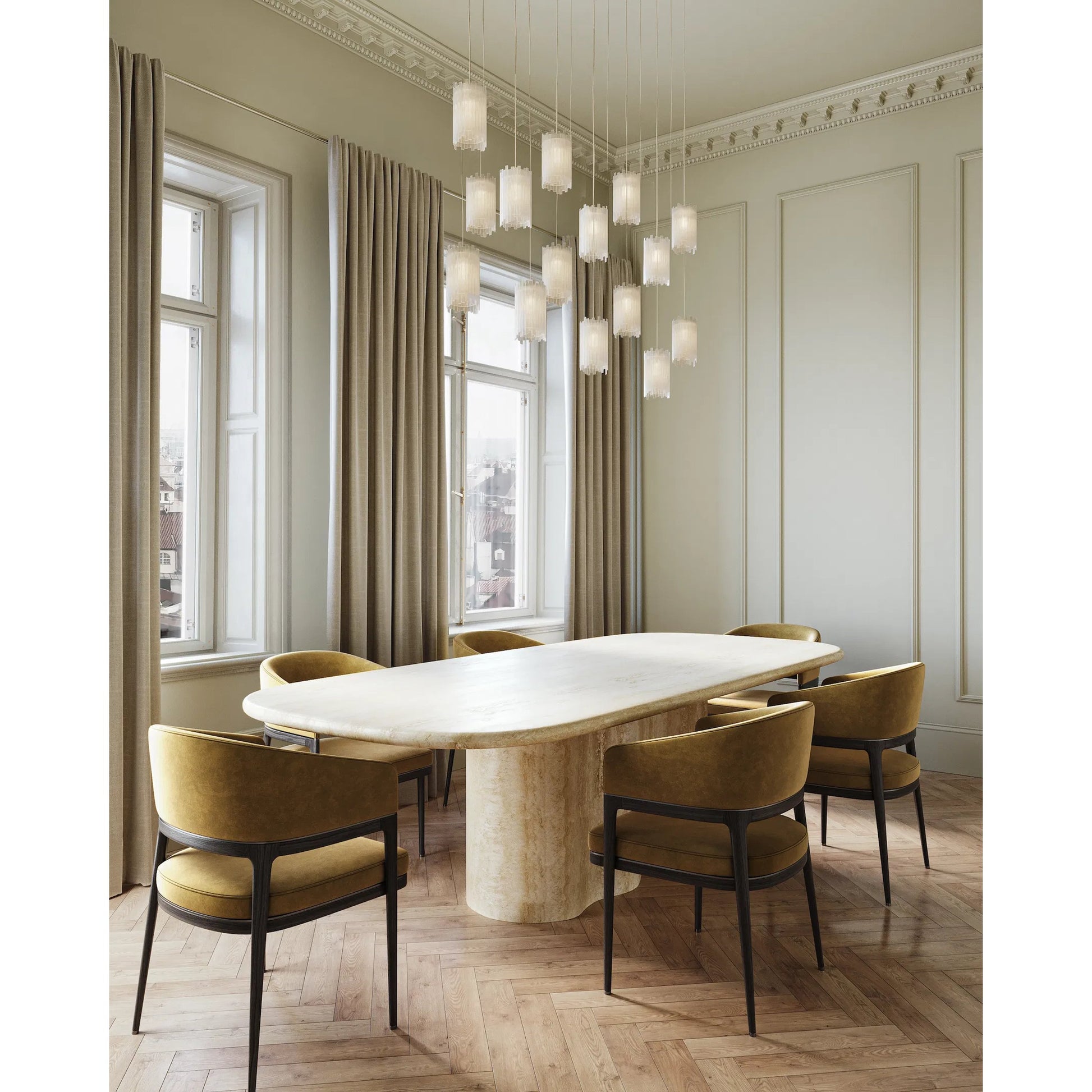 Escenia 36-Light Multi-Drop Pendant by Currey and Company in natural selenite, silver. Made from selenite, frosted glass in a transitional style.