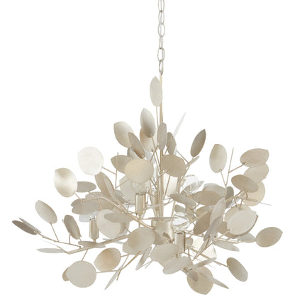 Lunaria Chandelier by Currey and Company in contemporary silver leaf. Made from wrought iron in a transitional style.