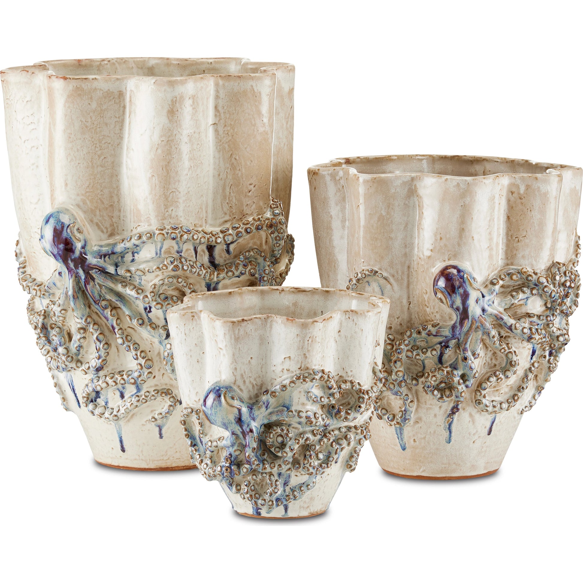 Octopus Vase by Currey and Company in cream, reactive blue. Made from ceramic in a coastal style.