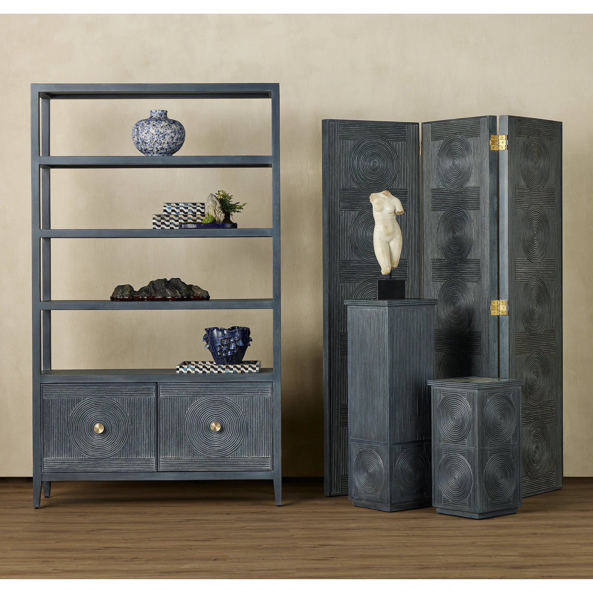 Santos Storage Etagere by Currey and Company in vintage navy, brushed brass. Made from rattan, mahogany, grasscloth, brass in a transitional style.
