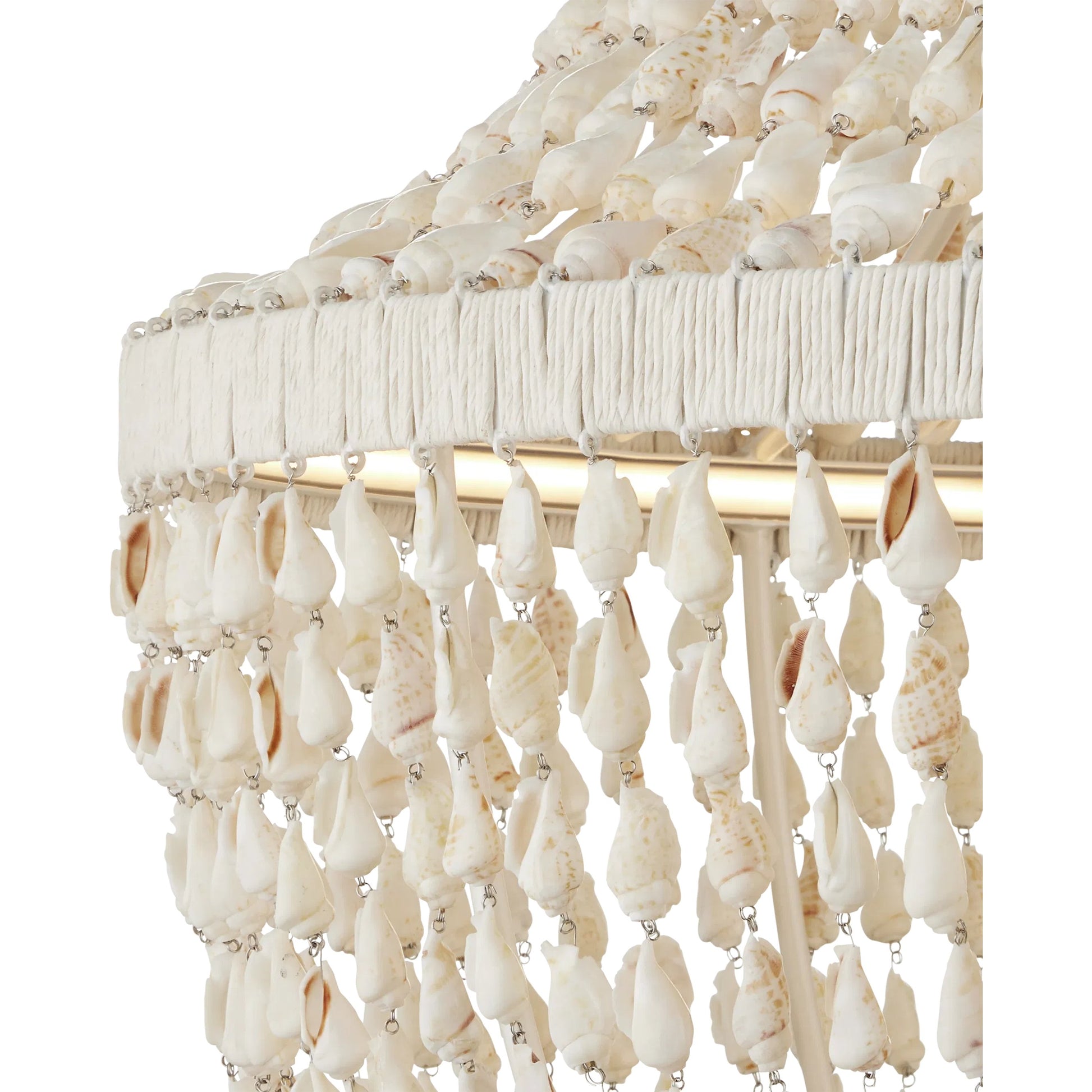 Cybele Chandelier by Currey and Company in natural, pearlized white, white. Made from shells, wrought iron, kraft paper twine in a modern style.