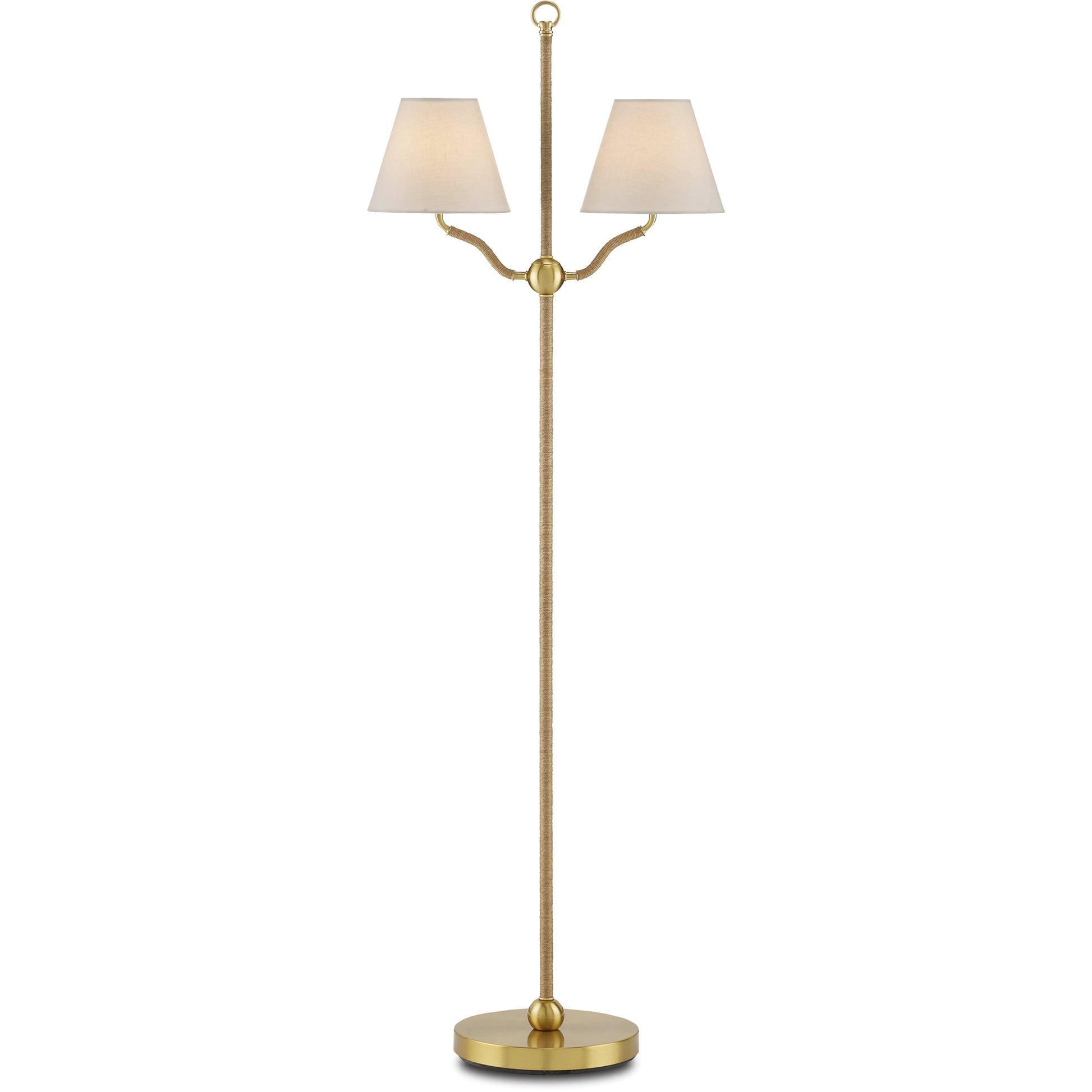 Sirocco Floor Lamp by Currey and Company in antique brass. Made from natural jute rope, metal in a modern style.