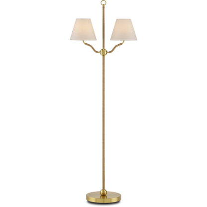 Sirocco Floor Lamp by Currey and Company in antique brass. Made from natural jute rope, metal in a modern style.