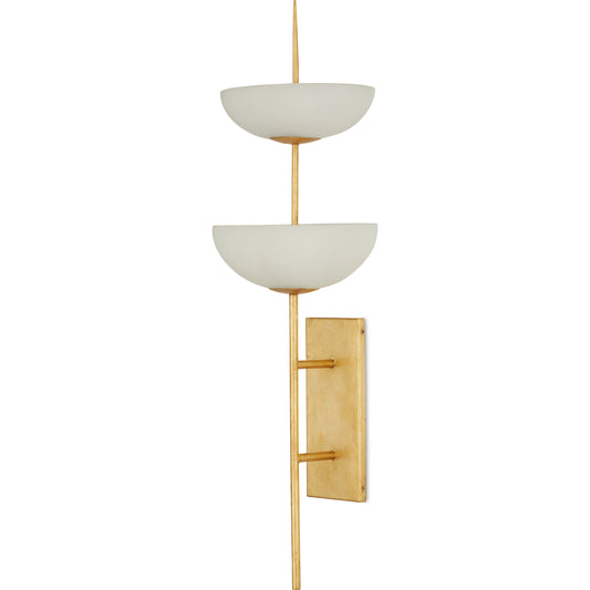 Follett Wall Sconce by Currey and Company in contemporary gold leaf, white. Made from wrought iron, composite in a modern style.