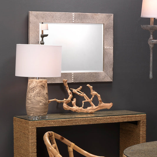 Cross Stitch Mirror by Jamie Young. Made from hide in a modern style.