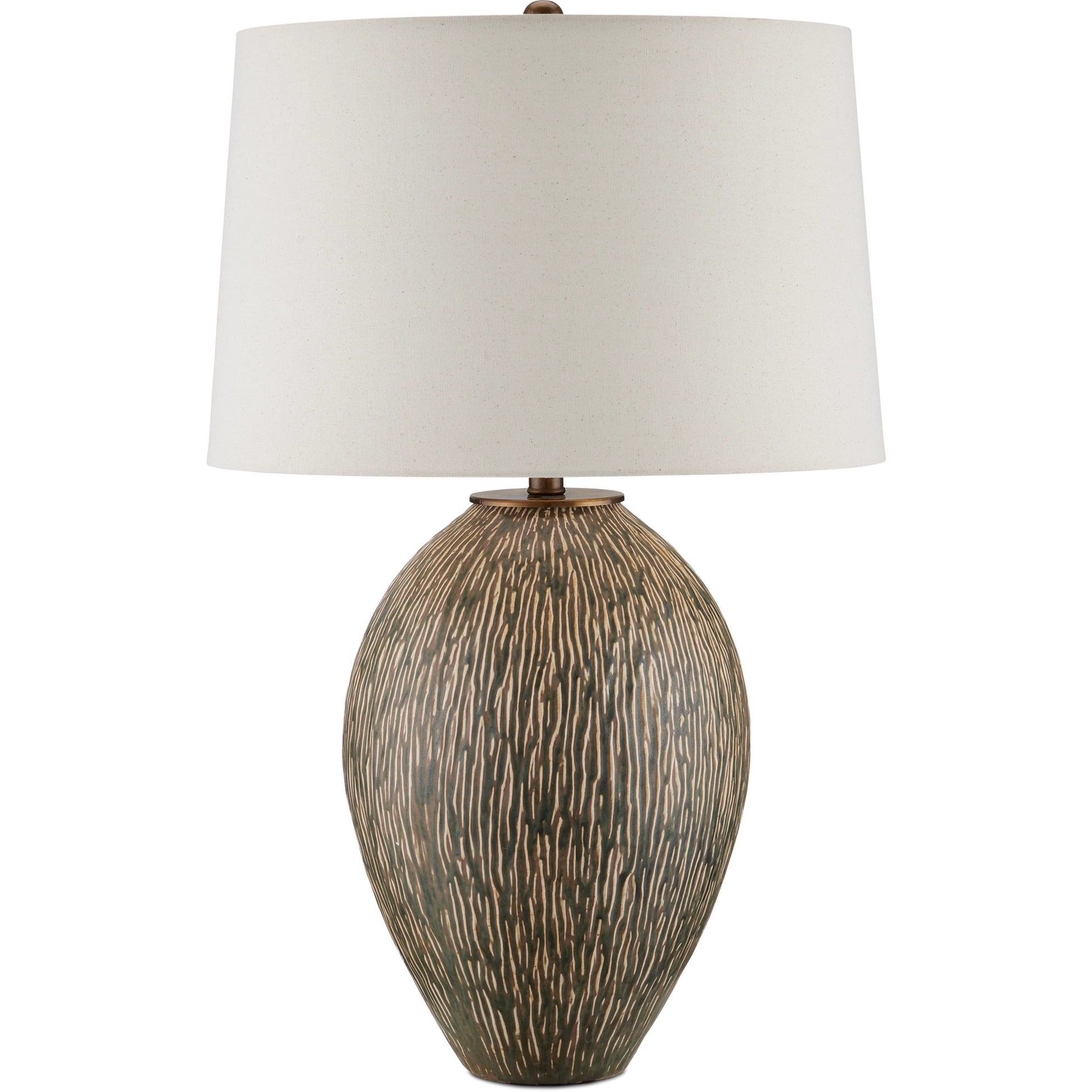 Hildreth Table Lamp by Currey and Company in olive green, beige, off-white, antique brass. Made from porcelain, metal in a modern style.