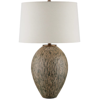 Hildreth Table Lamp by Currey and Company in olive green, beige, off-white, antique brass. Made from porcelain, metal in a modern style.