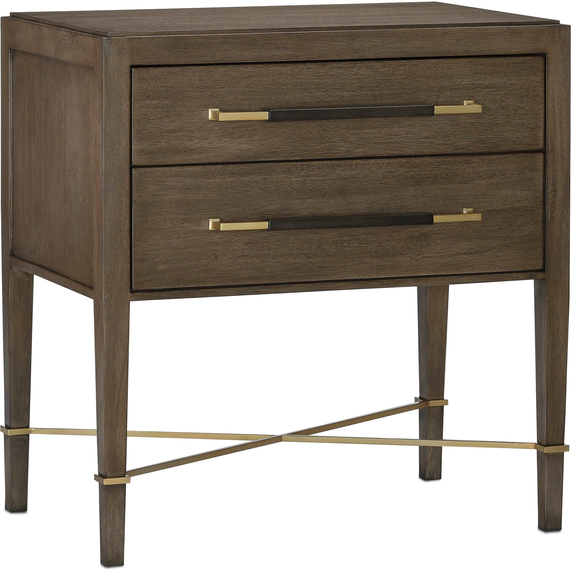 Verona Chanterelle Nightstand by Currey and Company in chanterelle, coffee, champagne. Made from mahogany, brass, iron in a transitional style.