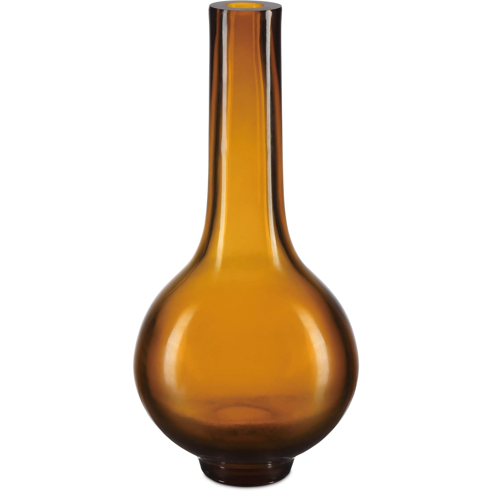 Gold Peking Long Neck Vase by Currey and Company in amber. Made from glass in a modern style.