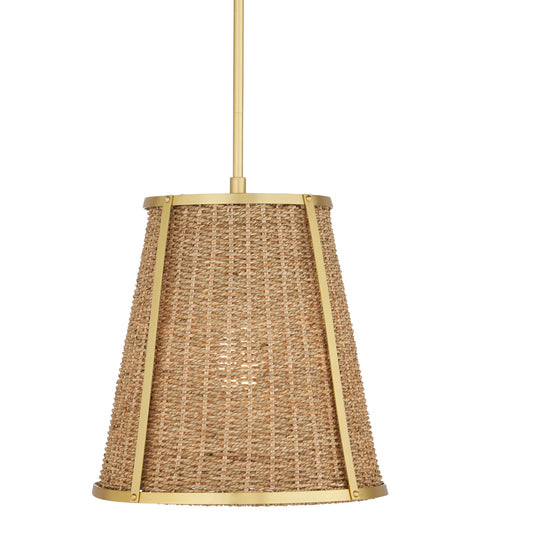 Deauville Pendant by Currey and Company in natural, polished brass. Made from seagrass, metal in a cottage & farmhouse style.