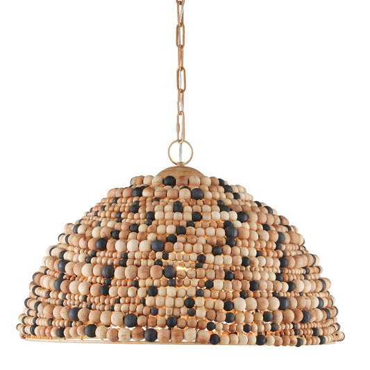 Medley Pendant by Currey and Company in natural, tan, black, coco cream. Made from wood beads, metal in a modern style.