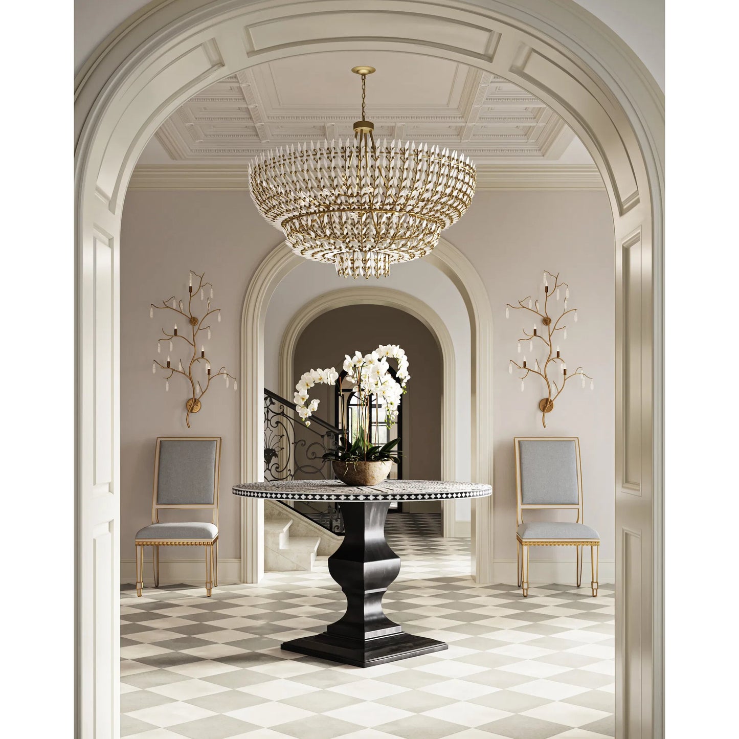 009 S-222886 | Lifestyle | Forest Light Wall Sconce by Currey and Company in washed lucerne gold, natural. Made from wrought iron, crystal stone in a traditional style.