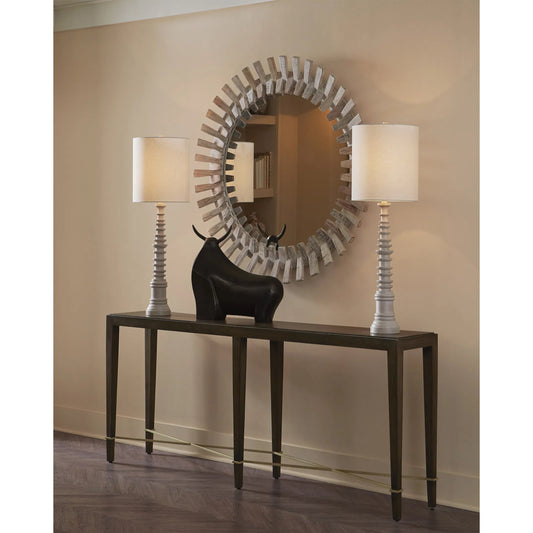 Verona Chanterelle Console Table by Currey and Company in chanterelle, champagne. Made from mahogany, brass, iron in a transitional style.
