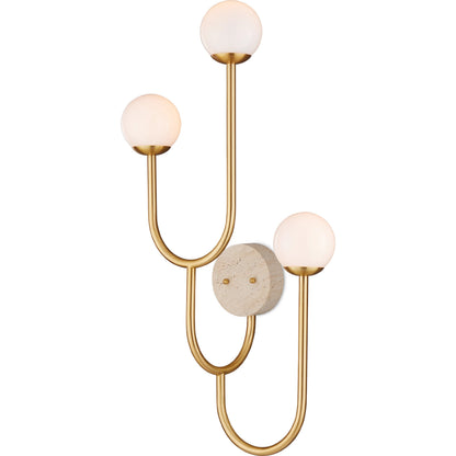 Highsmith Wall Sconce by Currey and Company in brass, natural, white. Made from metal, travertine, glass in a modern style.