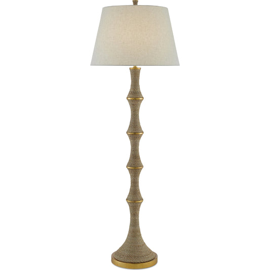 Bourgeon Floor Lamp by Currey and Company in natural, dark contemporary gold leaf. Made from wood, abaca rope, wrought iron in a transitional style.