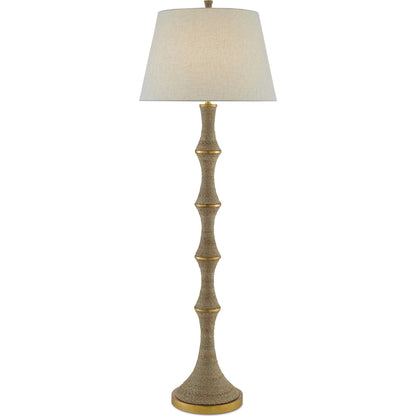 Bourgeon Floor Lamp by Currey and Company in natural, dark contemporary gold leaf. Made from wood, abaca rope, wrought iron in a transitional style.