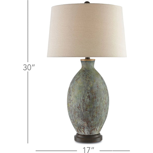 Remi Table Lamp by Currey and Company in green, dark red drip glaze, bronze gold. Made from terracotta, wood in a traditional style.