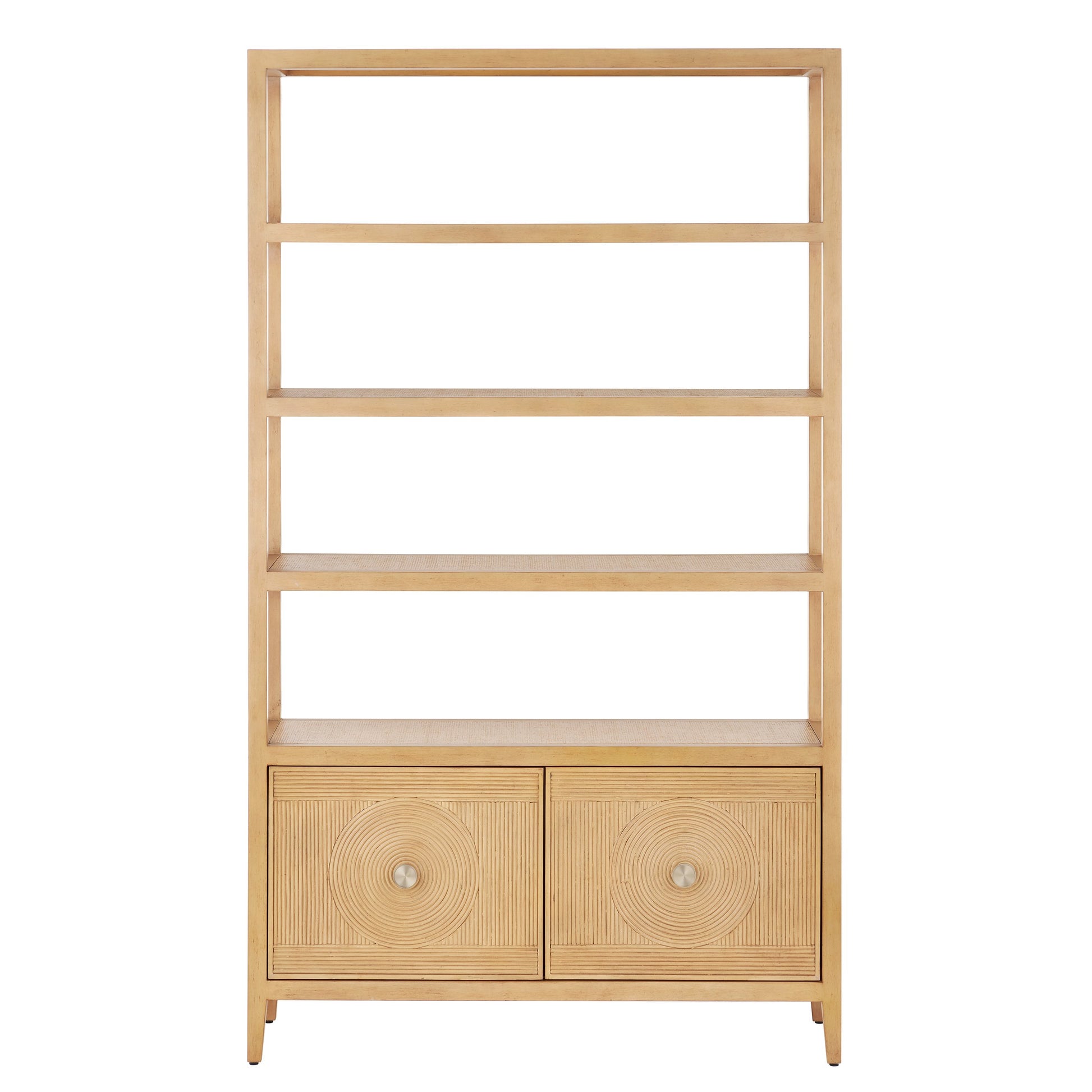 Santos Storage Etagere by Currey and Company in vintage navy, brushed brass. Made from rattan, mahogany, grasscloth, brass in a transitional style.