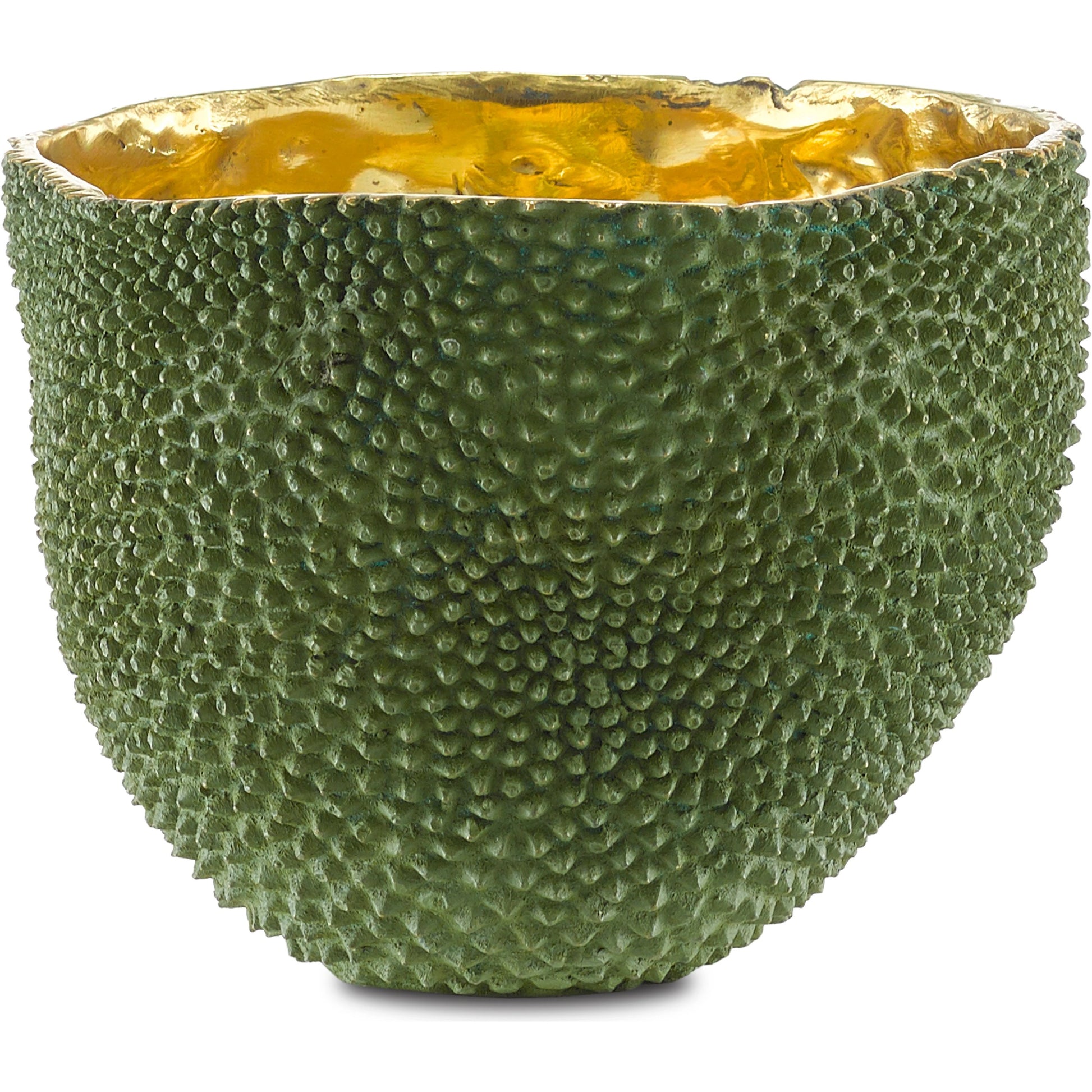 Jackfruit Vase by Currey and Company in green, gold. Made from bronze in a coastal style.