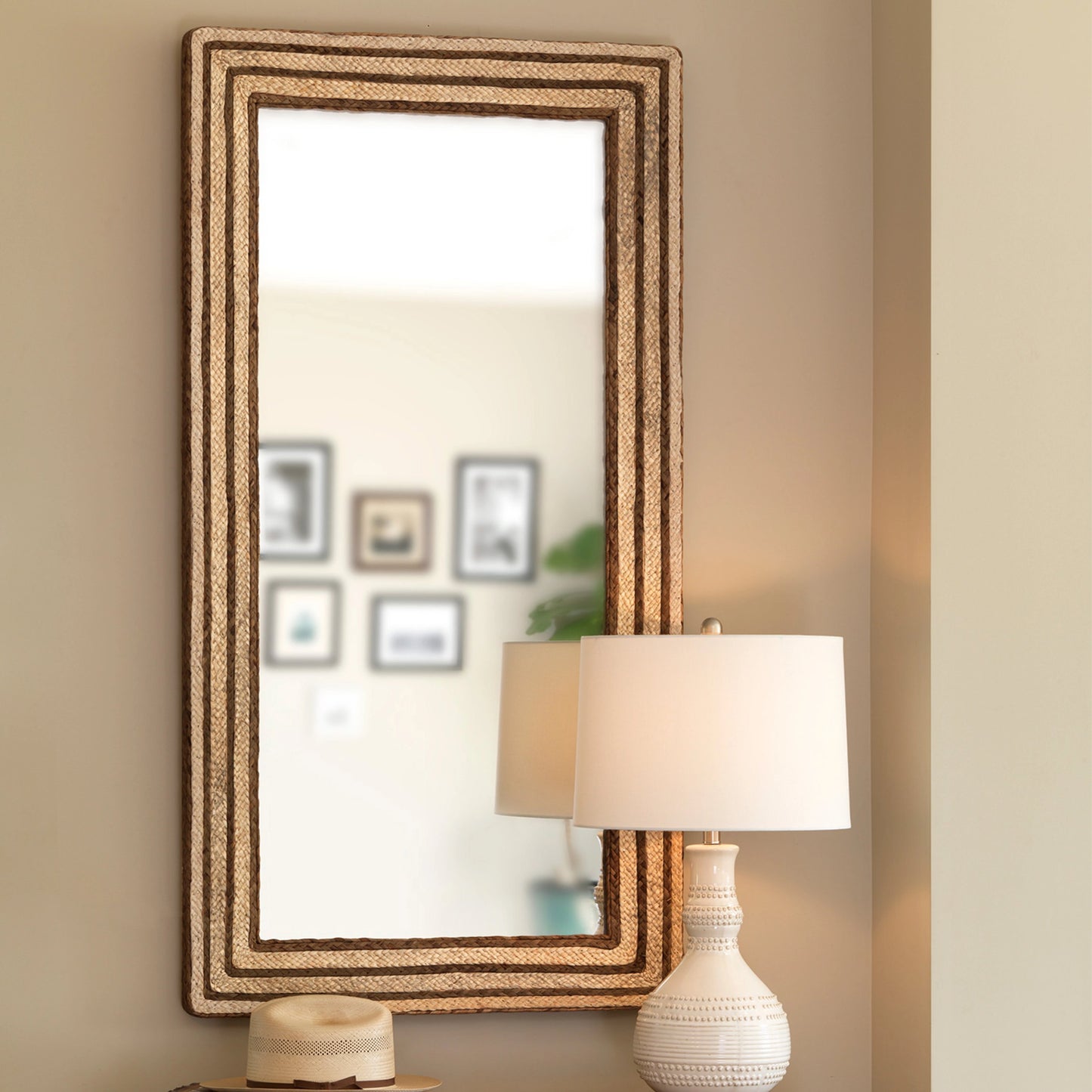 008 SR-867122 | Lifestyle | Evergreen Mirror by Jamie Young. Made from braided seagrass in a coastal style.