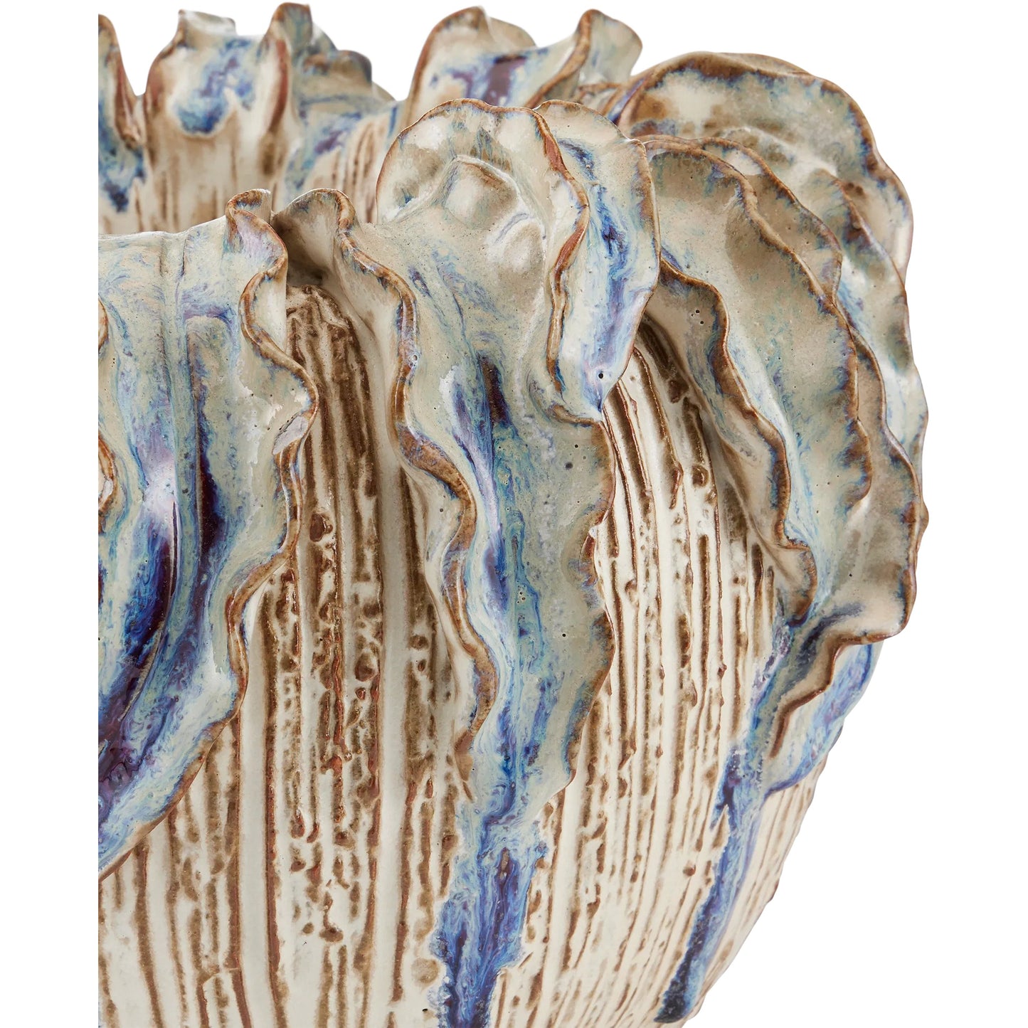 005 SI-2257229 | Closeup | Tropical Crown Vase by Currey and Company in ivory, reactive blue. Made from ceramic in a eclectic & global style.