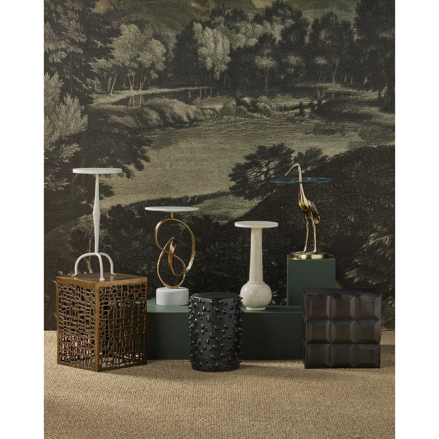 005 SI-2257287 | Lifestyle | Ruban Accent Table by Currey and Company in antique brass, natural. Made from cast aluminum, marble in a modern style.
