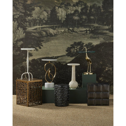 Ruban Accent Table by Currey and Company in antique brass, natural. Made from cast aluminum, marble in a modern style.