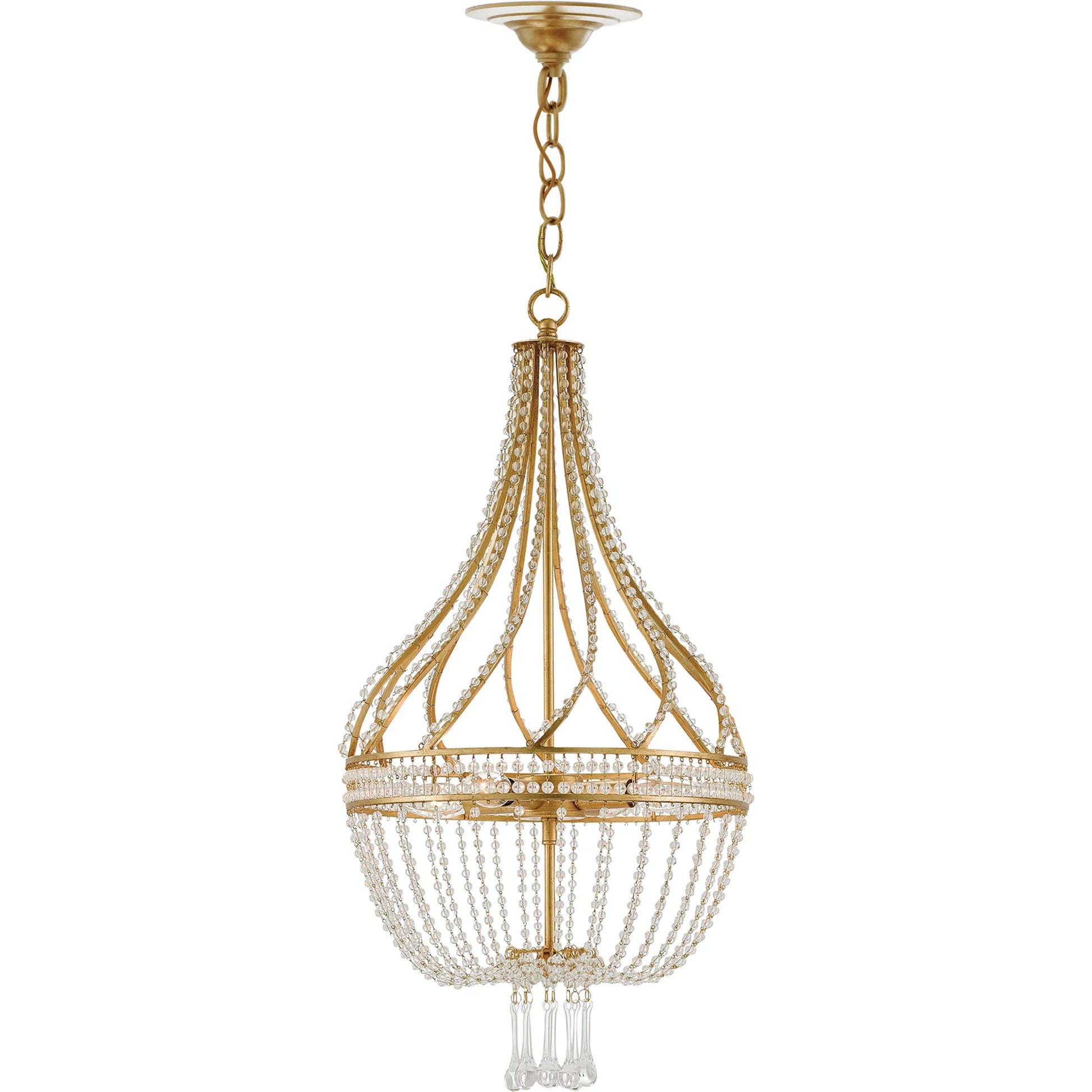 Ingenue Chandelier by Currey and Company in antique gold leaf. Made from wrought iron, crystal in a traditional style.