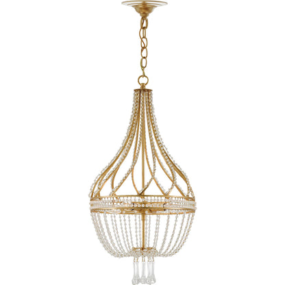 Ingenue Chandelier by Currey and Company in antique gold leaf. Made from wrought iron, crystal in a traditional style.