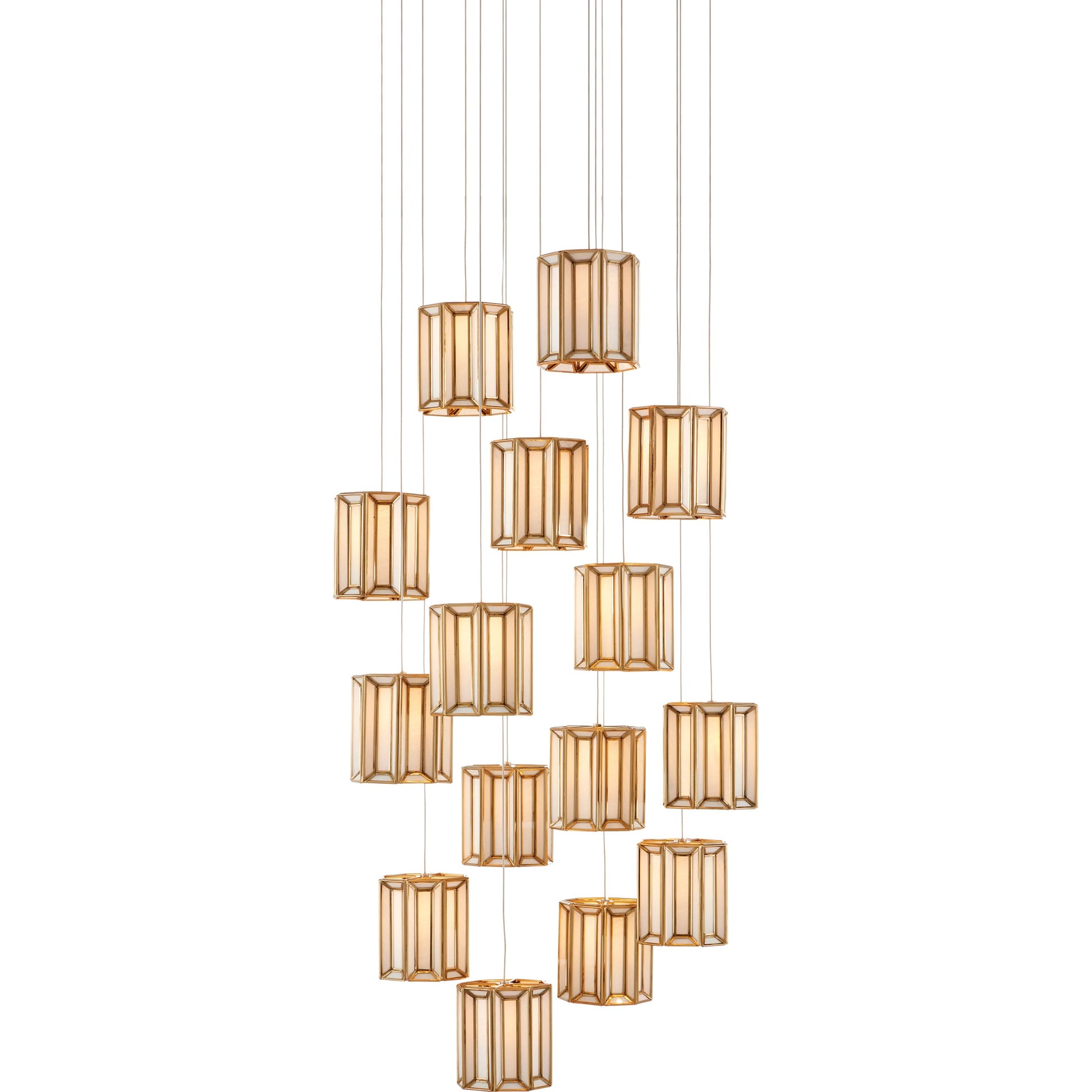 Daze Round 15-LIGHT Multi-Drop Pendant by Currey and Company in antique brass, white, painted silver. Made from frosted glass in a modern style.