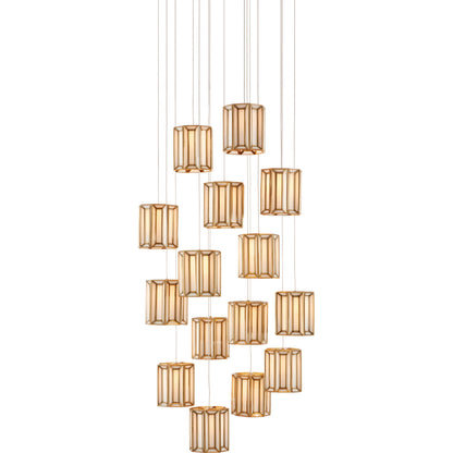 Daze Round 15-LIGHT Multi-Drop Pendant by Currey and Company in antique brass, white, painted silver. Made from frosted glass in a modern style.