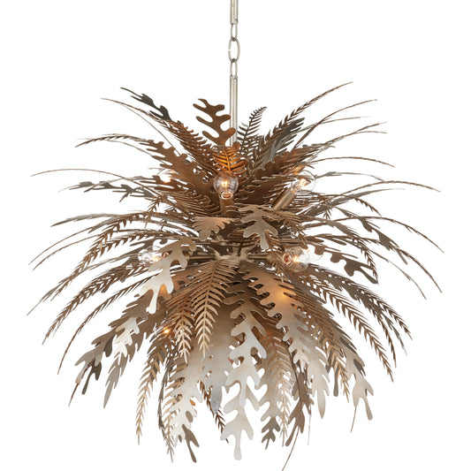 Abyssinia Chandelier by Currey and Company in contemporary silver leaf, dark silver leaf. Made from wrought iron in a modern style.