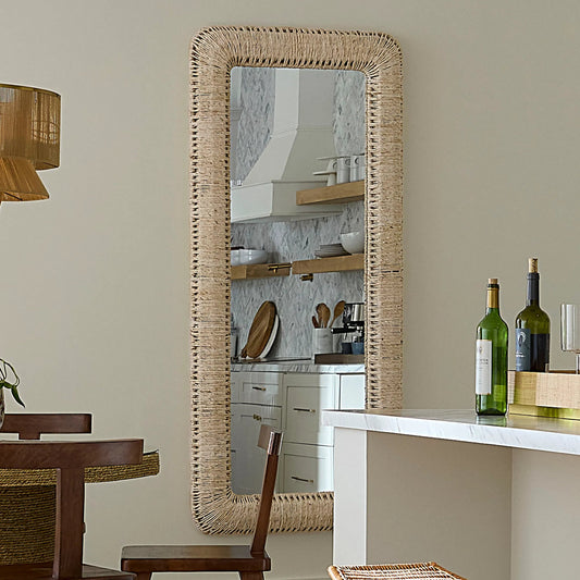 Hollis Floor Mirror by The Livingston Collection in natural and natural cornhusk. Made from cornhusk, mdf, mirror in a unique style.