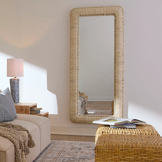 Hollis Floor Mirror by Jamie Young in natural and natural cornhusk. Made from cornhusk, mdf, mirror in a rustic style.