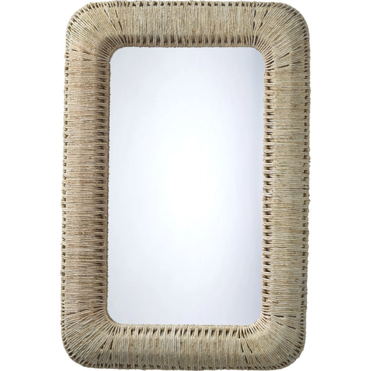 Hollis Rectangle Mirror by Jamie Young in off-white. Made from corn straw rope, mdf (mirror backing) in a coastal style.