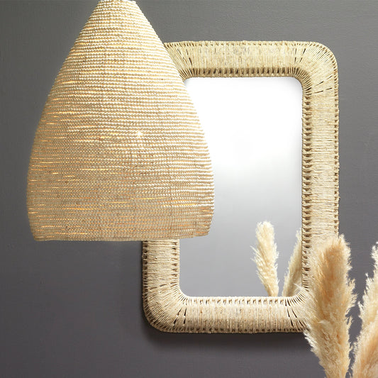 Hollis Rectangle Mirror by Jamie Young in off-white. Made from corn straw rope, mdf (mirror backing) in a coastal style.