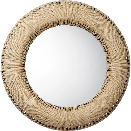 Hollis Round Mirror by Jamie Young. Made from corn leaf rope, metal and glass in a cottage & farmhouse style.