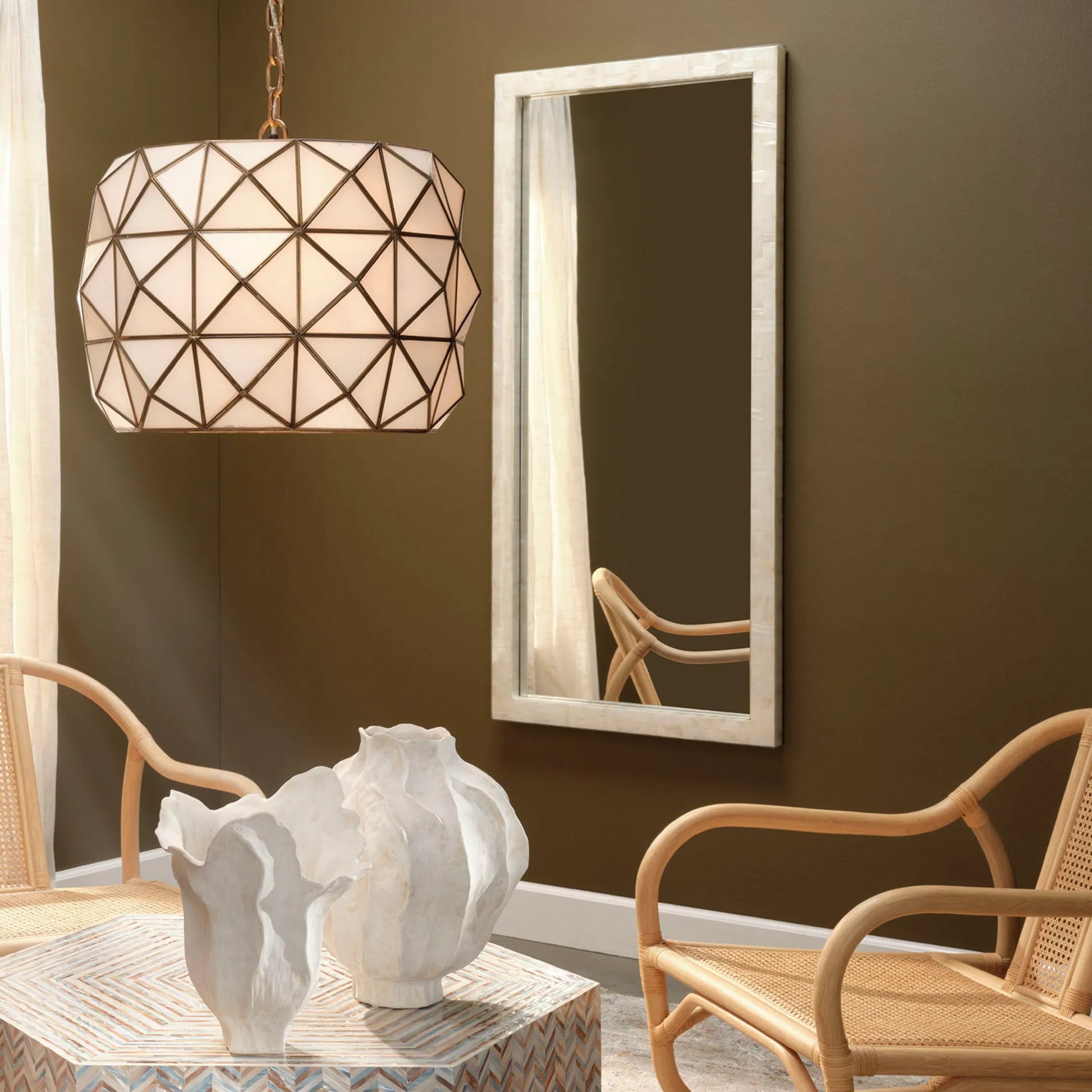 Monroe Rectangle Floor Mirror by Jamie Young in natural. Made from mother of pearl, acrylic, glass mirror, mdf in a modern style.