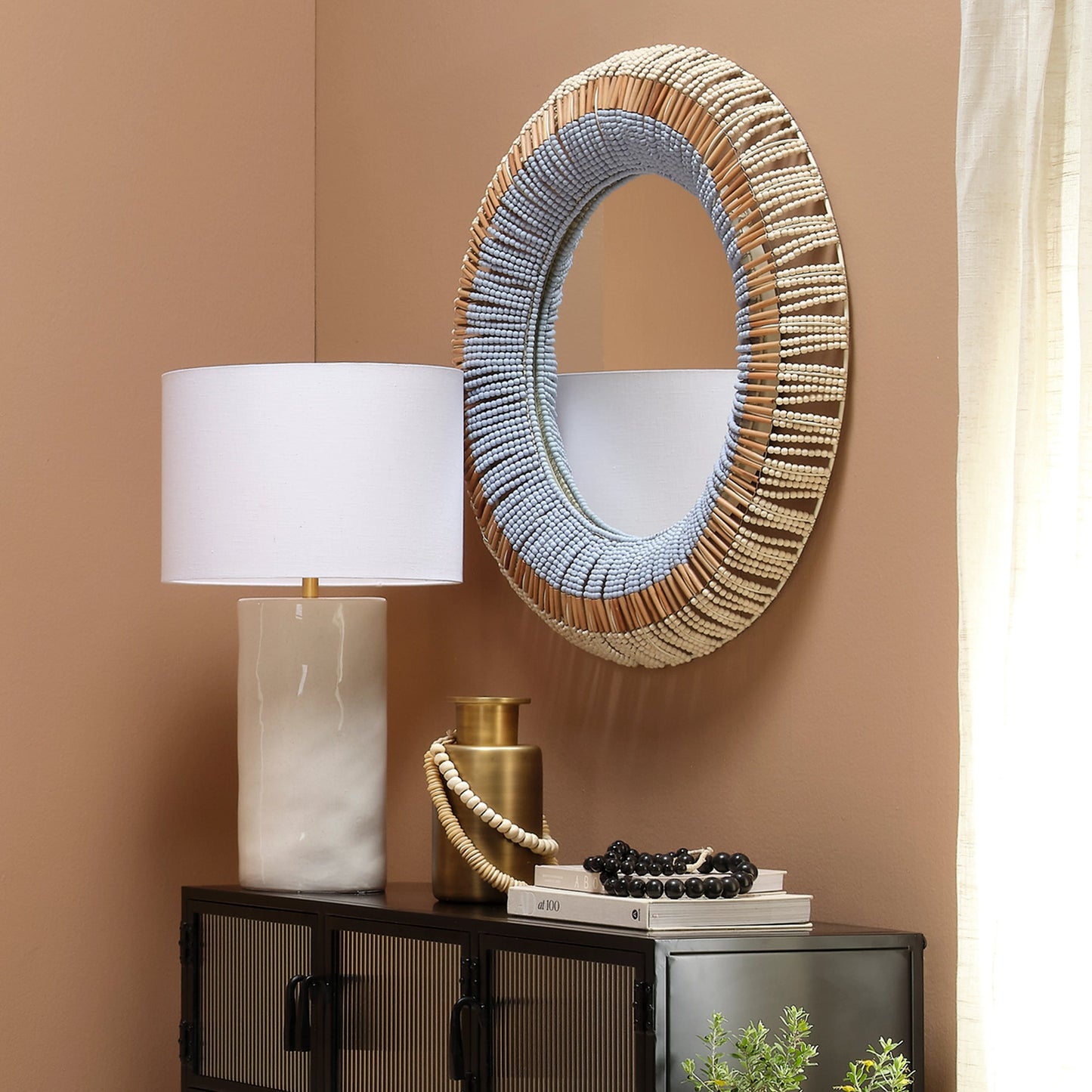 005 SI-2018904 | Lifestyle | Native Beaded Mirror by Jamie Young in natural, blue. Made from mango wood in a cottage & farmhouse style.